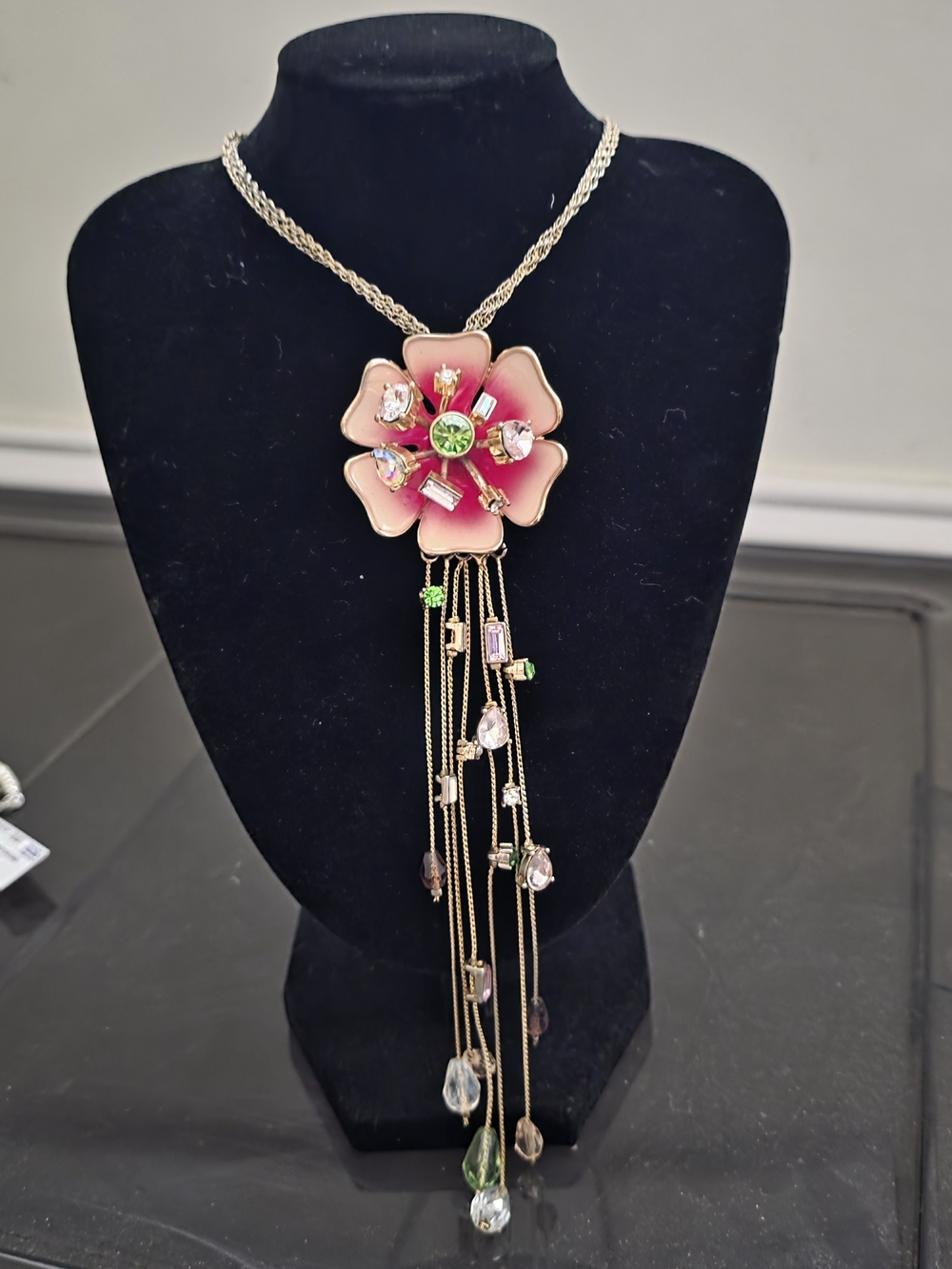 Betsey Johnson - Gold-Tone Pink Flower Pendant Necklace with Green Accents